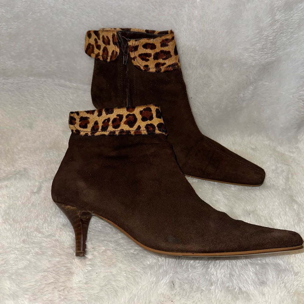 Leopard Trim Brown Suede Ankle Boots